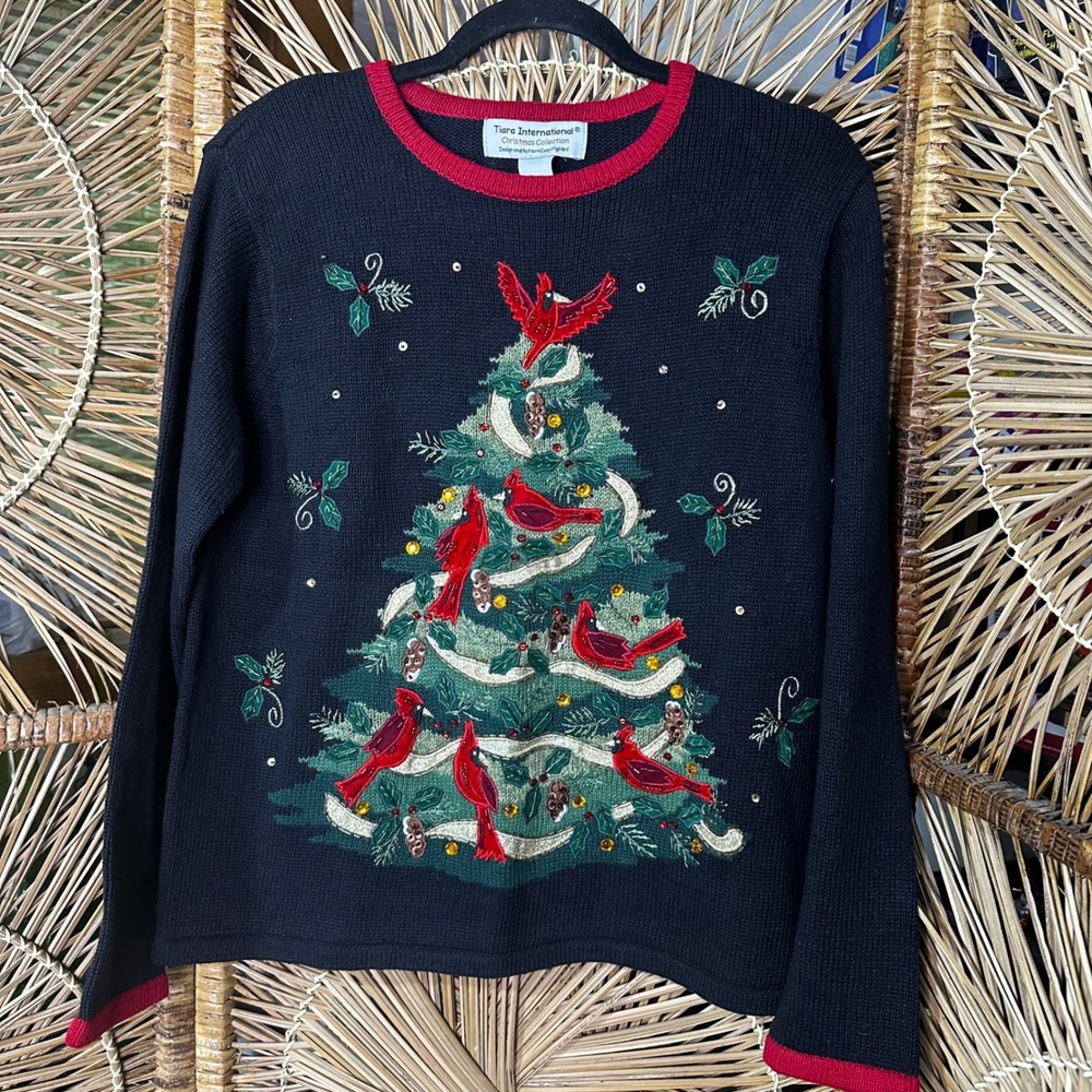 Tiara International Christmas Sweater Womens Large Black Cardinal sequin Vintage